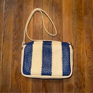 Clare V. Marisol Woven Leather Indigo & Cream Woven Racing Stripes